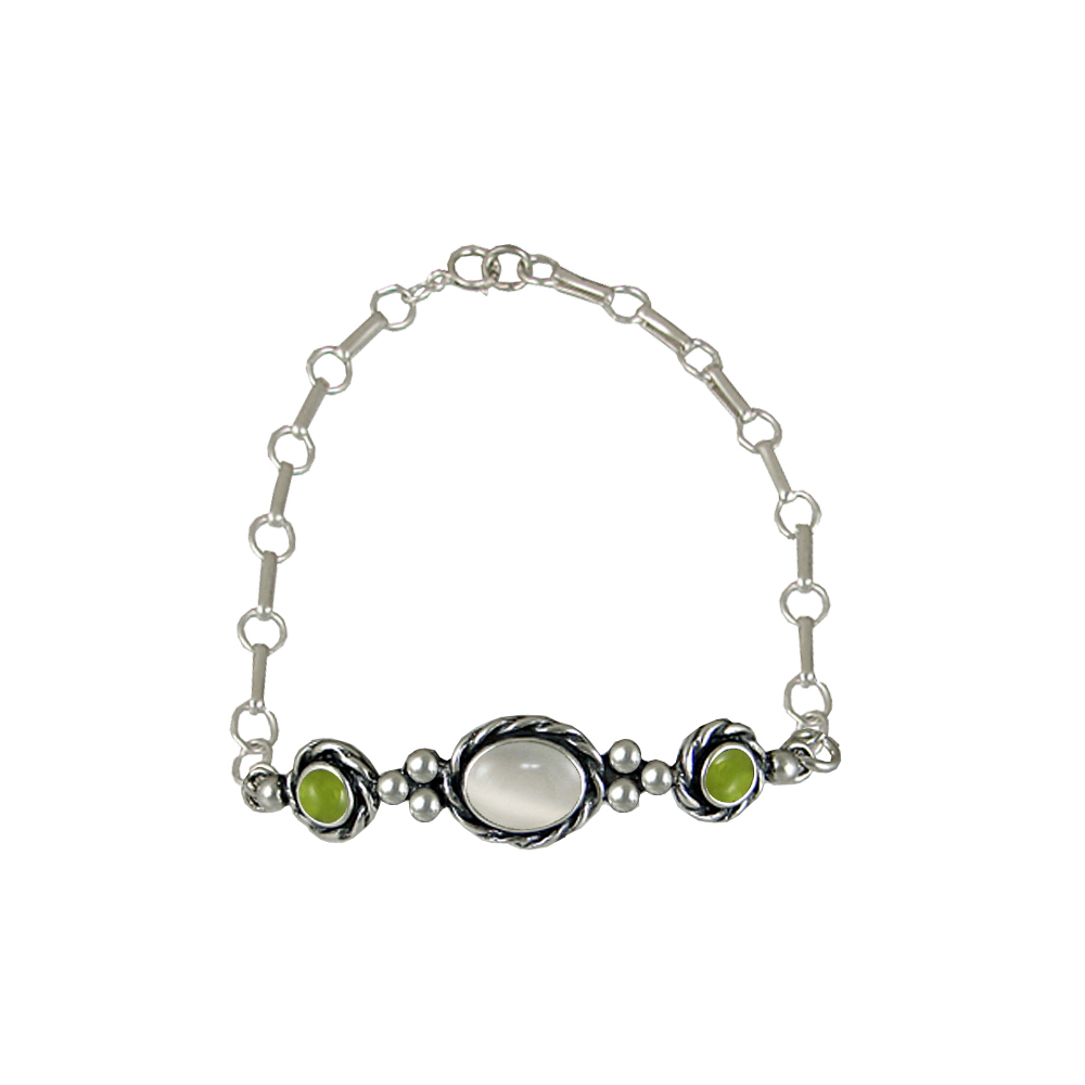Sterling Silver Gemstone Adjustable Chain Bracelet With White Moonstone And Peridot